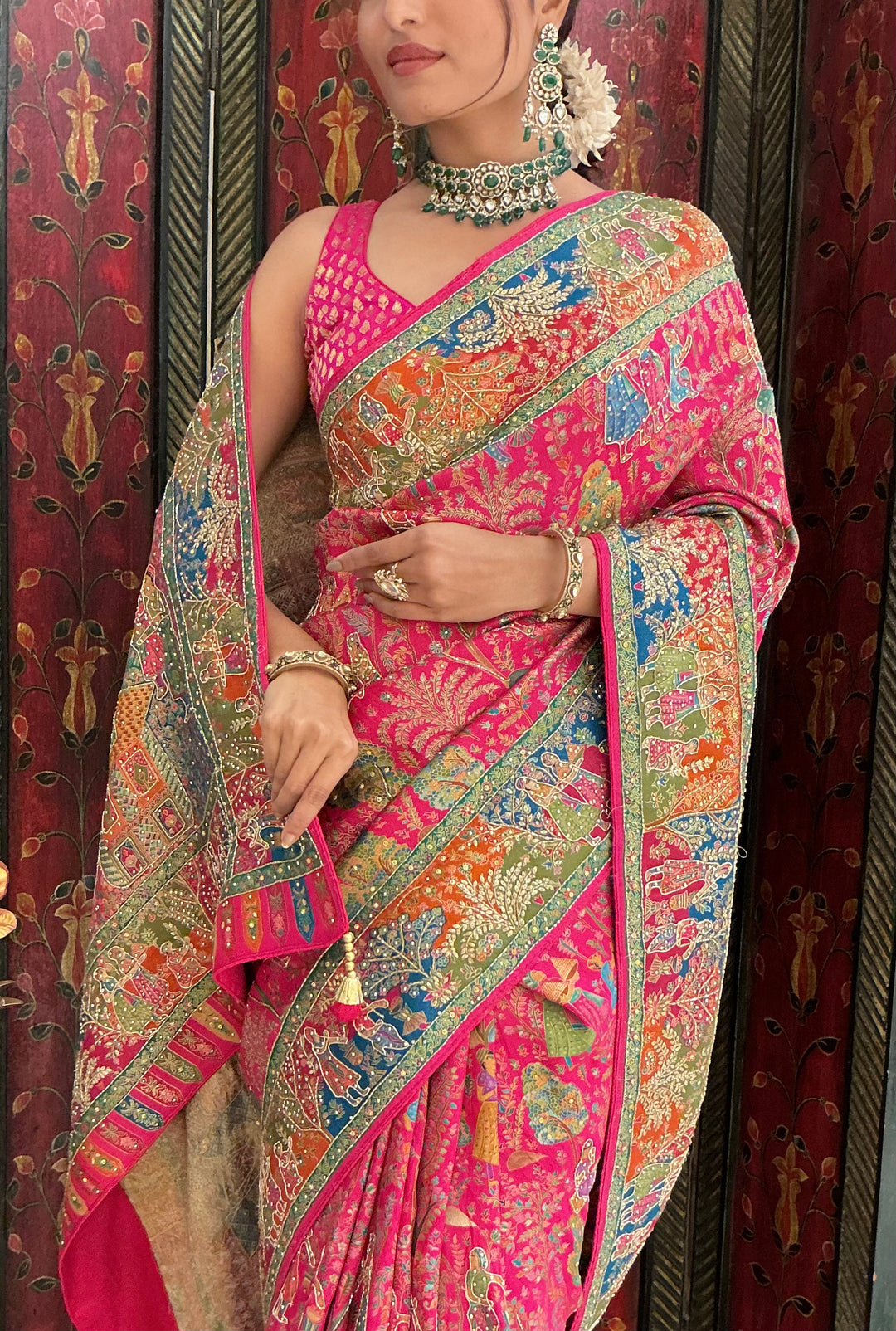 Rani Pink Multicolour Heritage Print Designer Saree with Royal Border Work