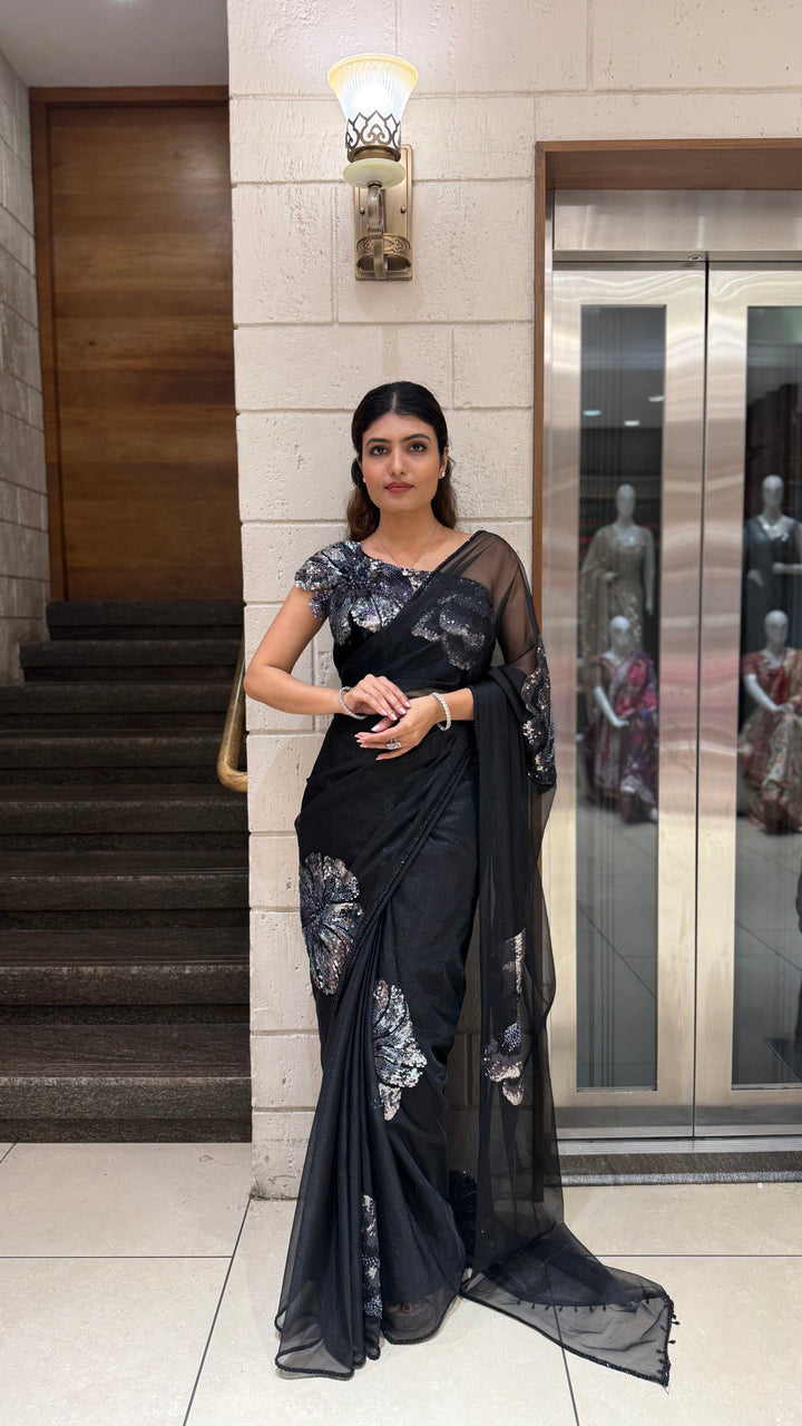 Black Organza Sequin Floral Designer Saree with Matching Embellished Blouse