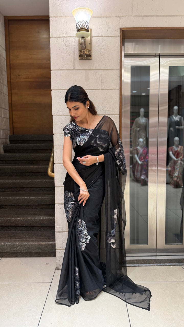 Black Organza Sequin Floral Designer Saree with Matching Embellished Blouse