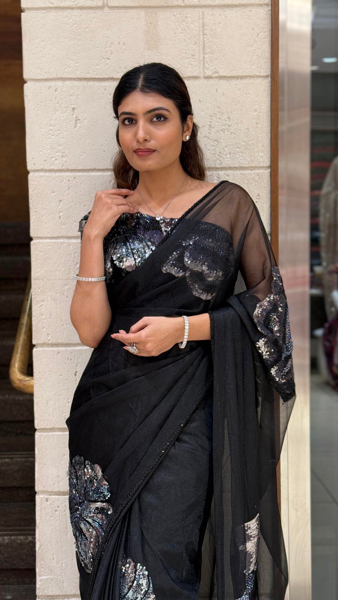 Black Organza Sequin Floral Designer Saree with Matching Embellished Blouse
