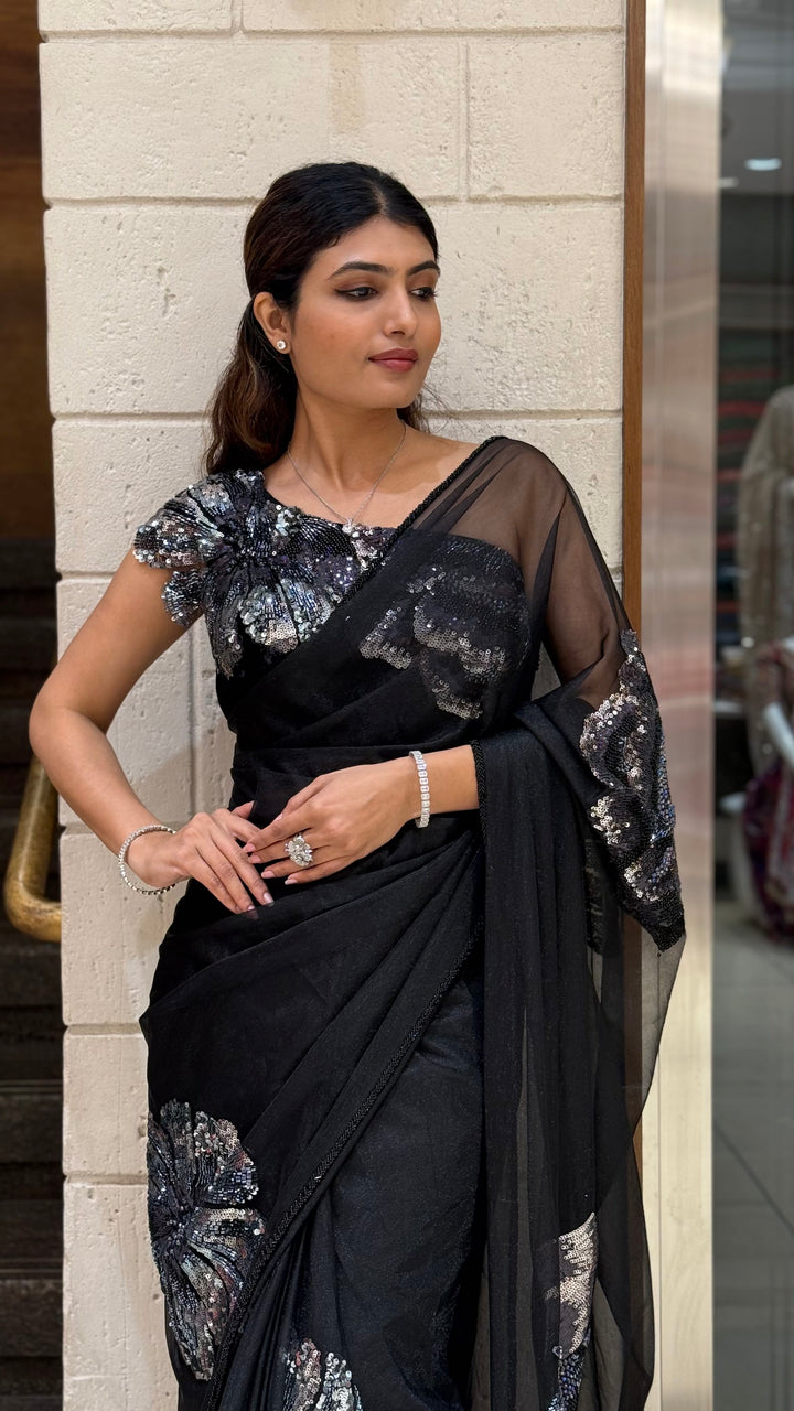 Black Organza Sequin Floral Designer Saree with Matching Embellished Blouse