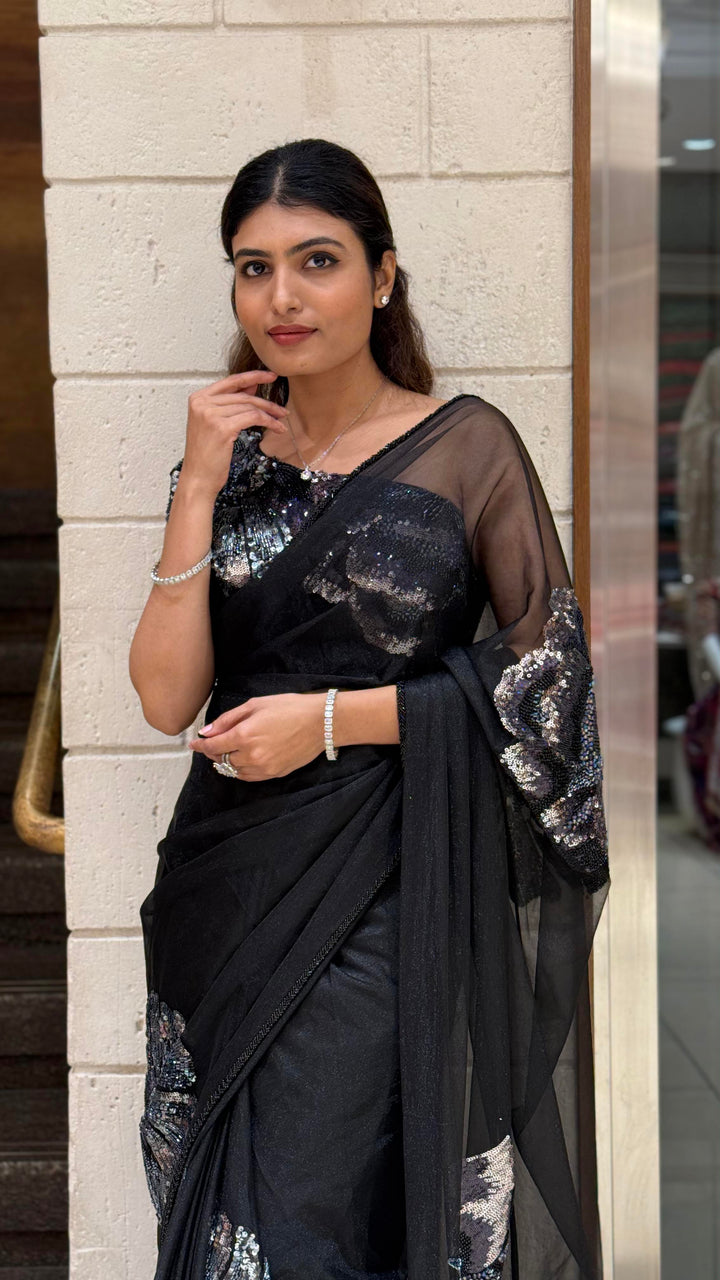 Black Organza Sequin Floral Designer Saree with Matching Embellished Blouse