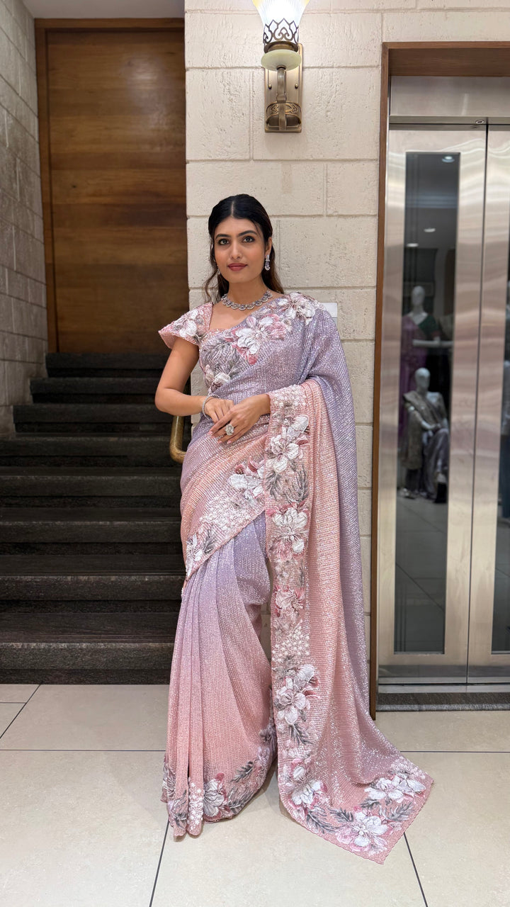 Pastel Pink & Lavender Ombre Sequin Saree with 3D Floral Embellished Blouse