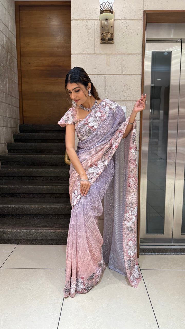 Pastel Pink & Lavender Ombre Sequin Saree with 3D Floral Embellished Blouse