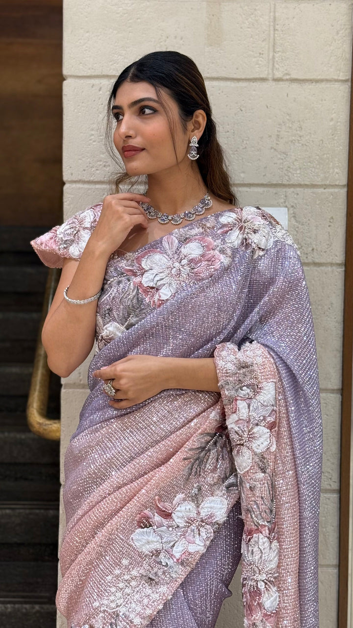 Pastel Pink & Lavender Ombre Sequin Saree with 3D Floral Embellished Blouse