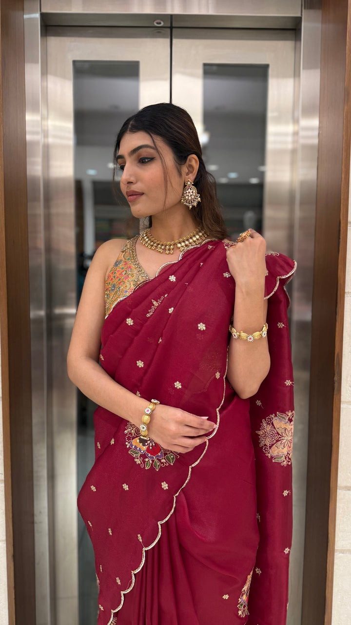 Maroon Embroidered Georgette Saree with Designer Blouse