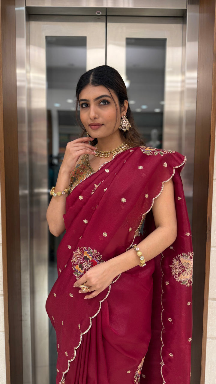 Maroon Embroidered Georgette Saree with Designer Blouse