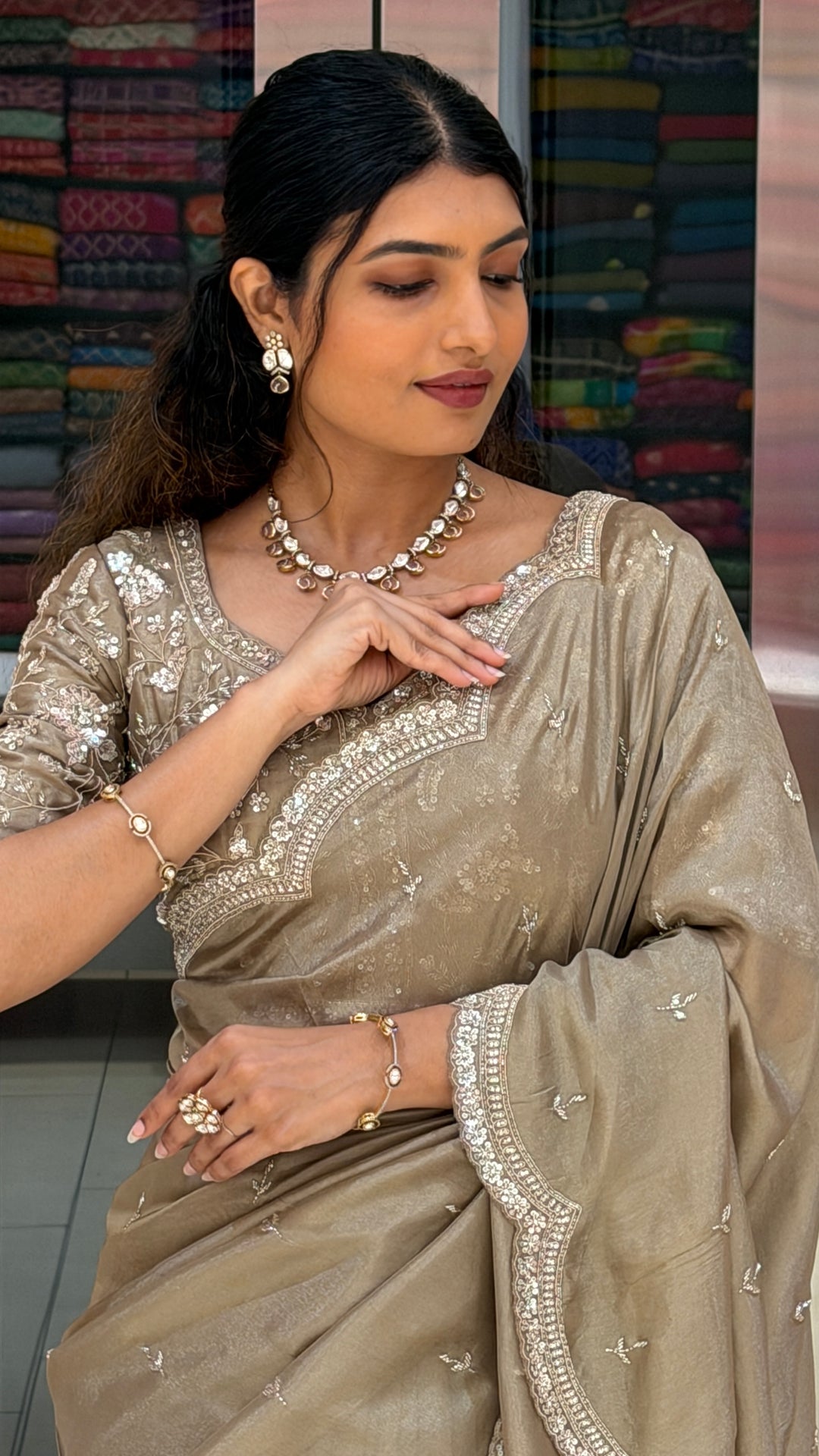 Taupe Grey Designer Embroidered Saree with Scalloped Border & Sequins Blouse