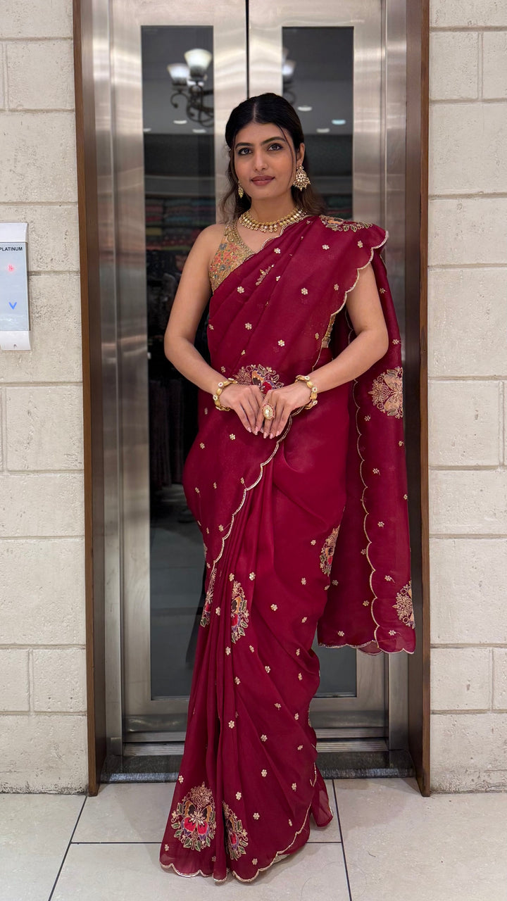 Maroon Embroidered Georgette Saree with Designer Blouse