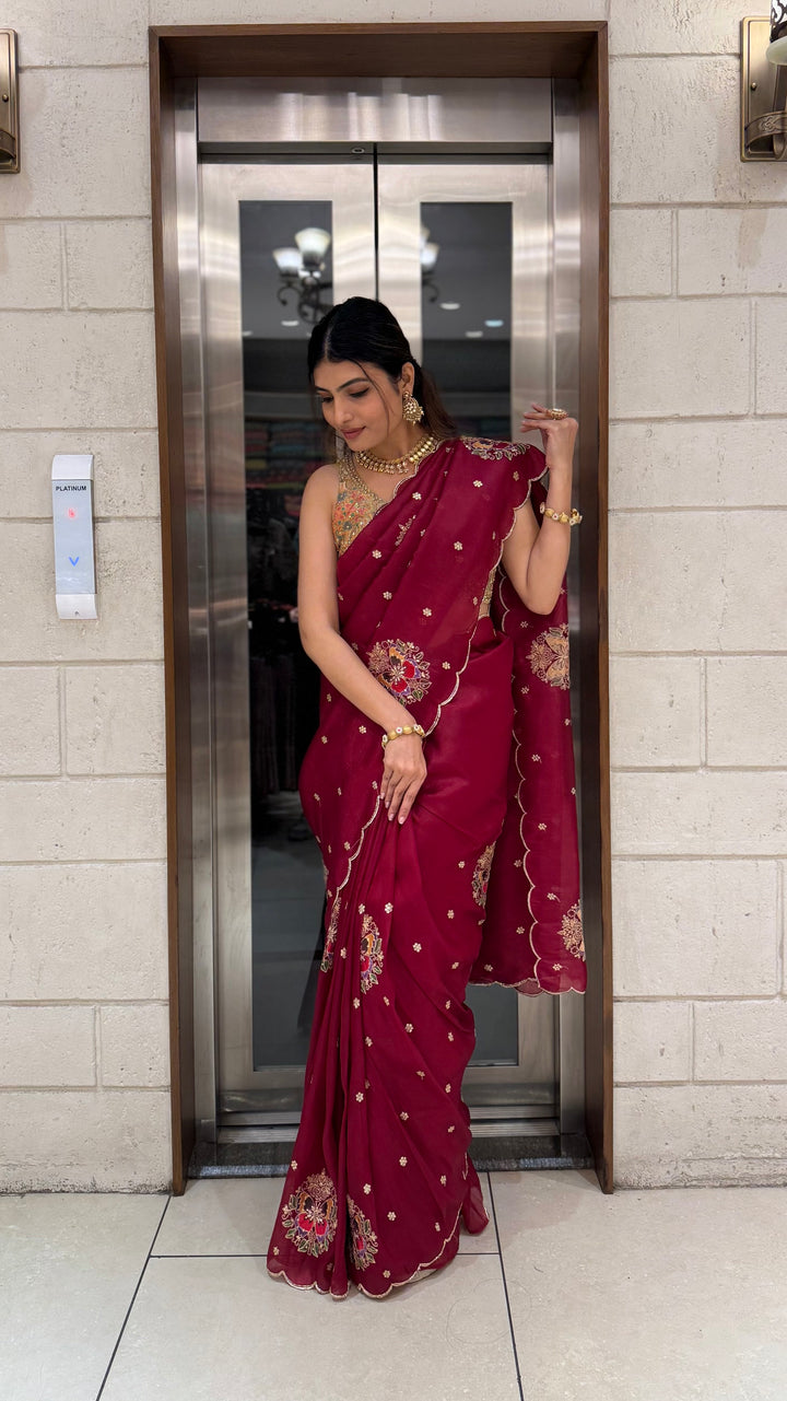 Maroon Embroidered Georgette Saree with Designer Blouse