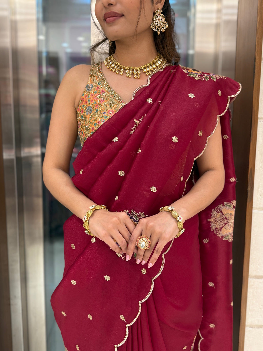 Maroon Embroidered Georgette Saree with Designer Blouse