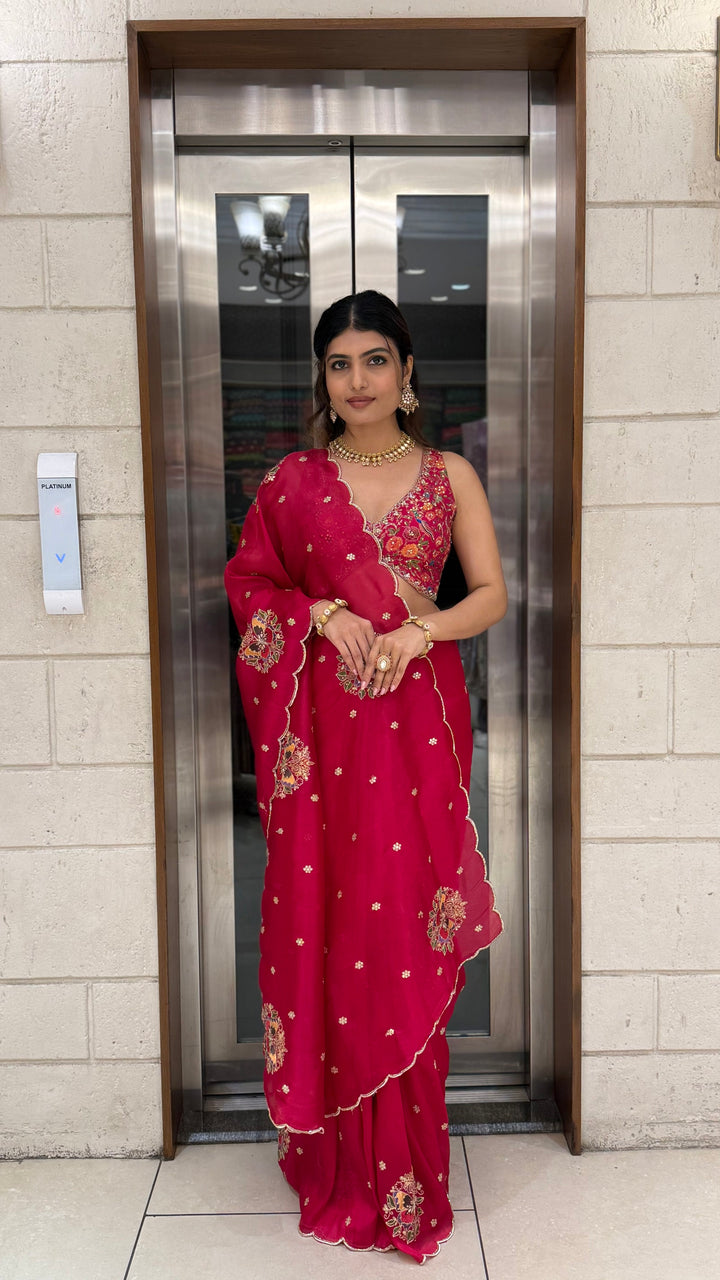 Rani Pink Embroidered Georgette Saree with Heavy Designer Blouse