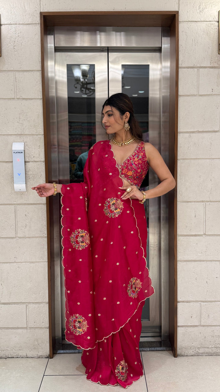 Rani Pink Embroidered Georgette Saree with Heavy Designer Blouse