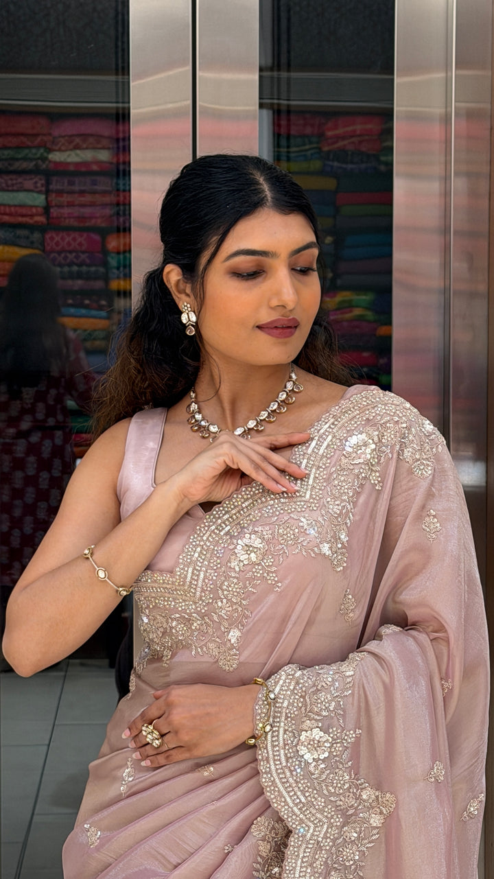 Blush Pink Hand-Embroidered Organza Saree with Scalloped Pearl & Sequin Border
