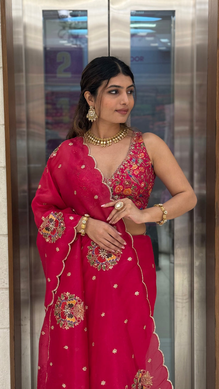 Rani Pink Embroidered Georgette Saree with Heavy Designer Blouse