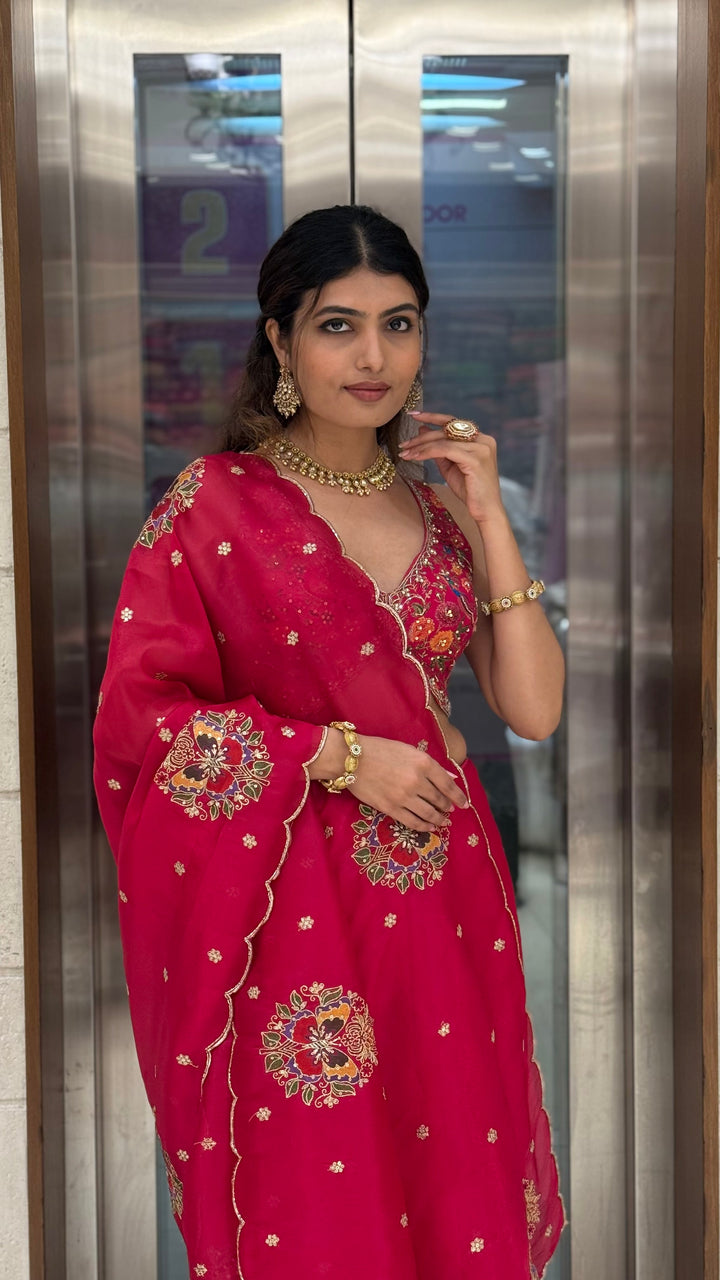 Rani Pink Embroidered Georgette Saree with Heavy Designer Blouse