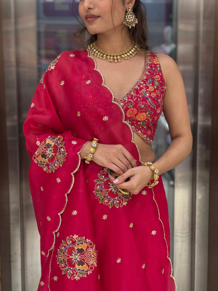 Rani Pink Embroidered Georgette Saree with Heavy Designer Blouse