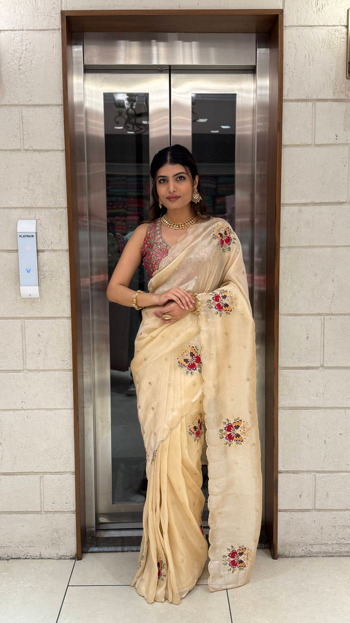 Cream Embroidered Organza Saree with Heavy Multicolor Designer Blouse