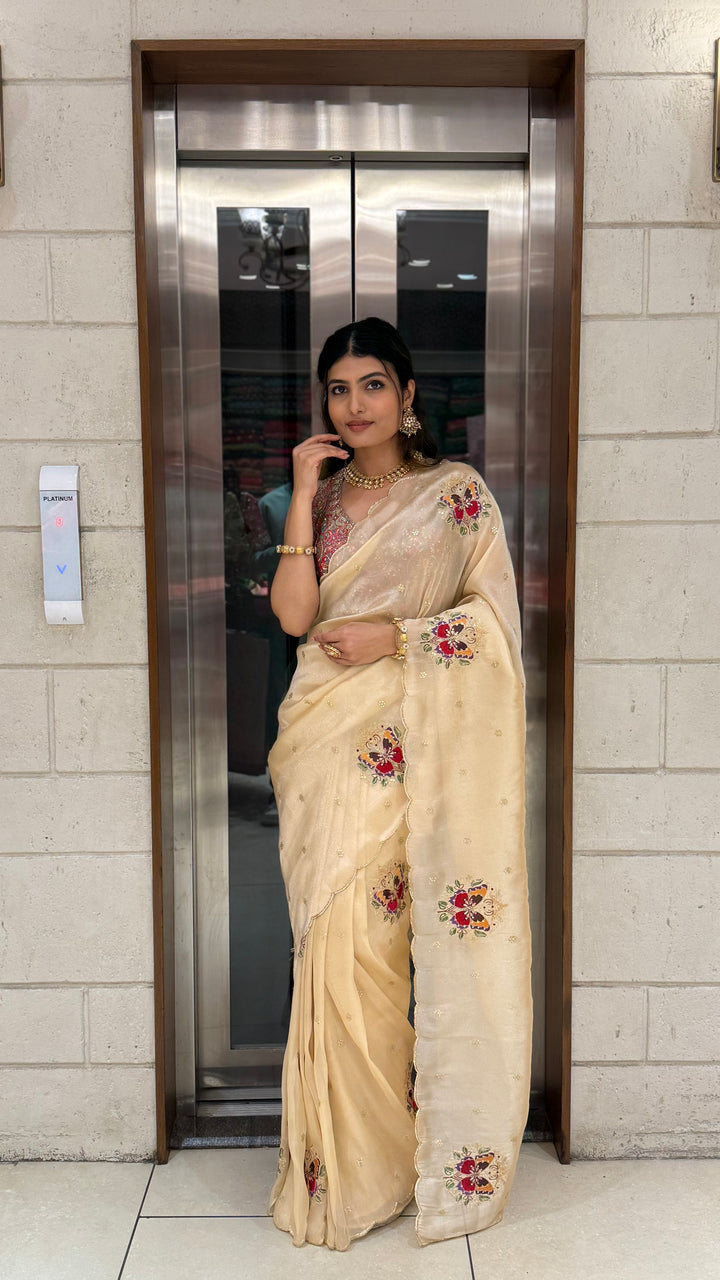 Cream Embroidered Organza Saree with Heavy Multicolor Designer Blouse