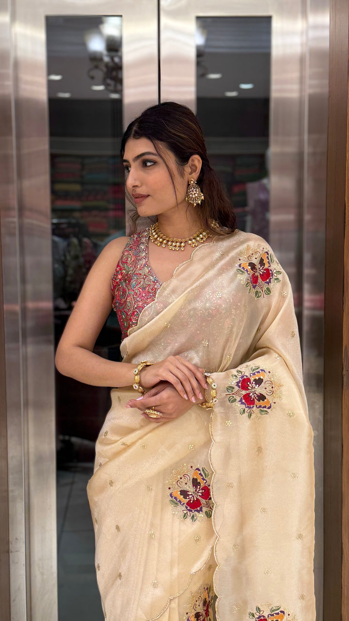Cream Embroidered Organza Saree with Heavy Multicolor Designer Blouse