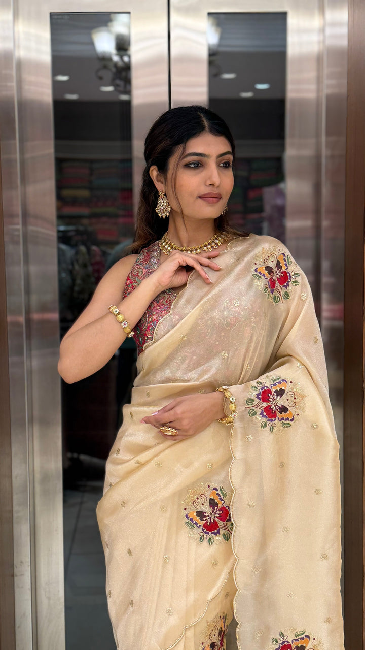 Cream Embroidered Organza Saree with Heavy Multicolor Designer Blouse
