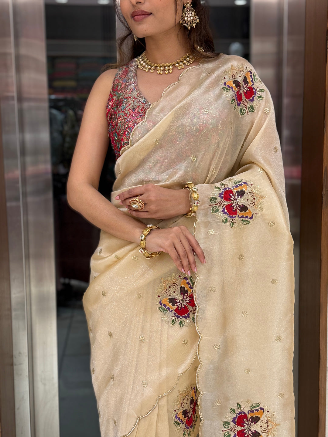 Cream Embroidered Organza Saree with Heavy Multicolor Designer Blouse