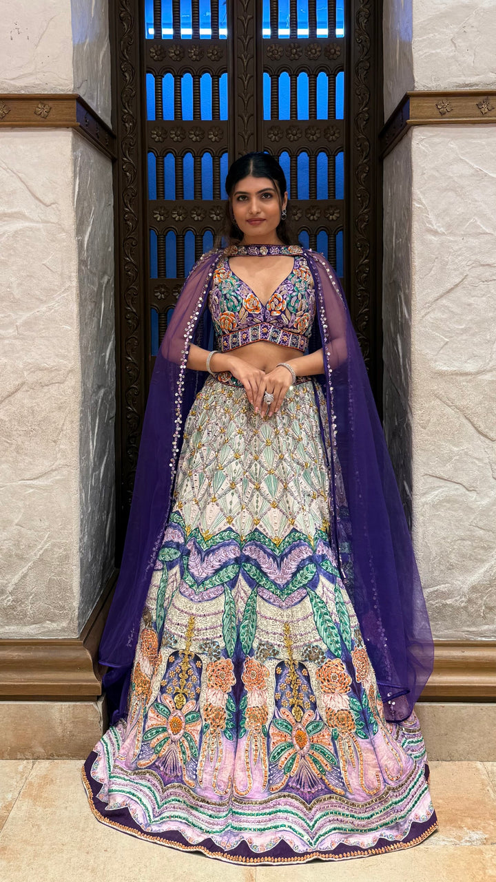 Royal Purple Multicolor Hand-Embroidered Lehenga Set with Cape Dupatta