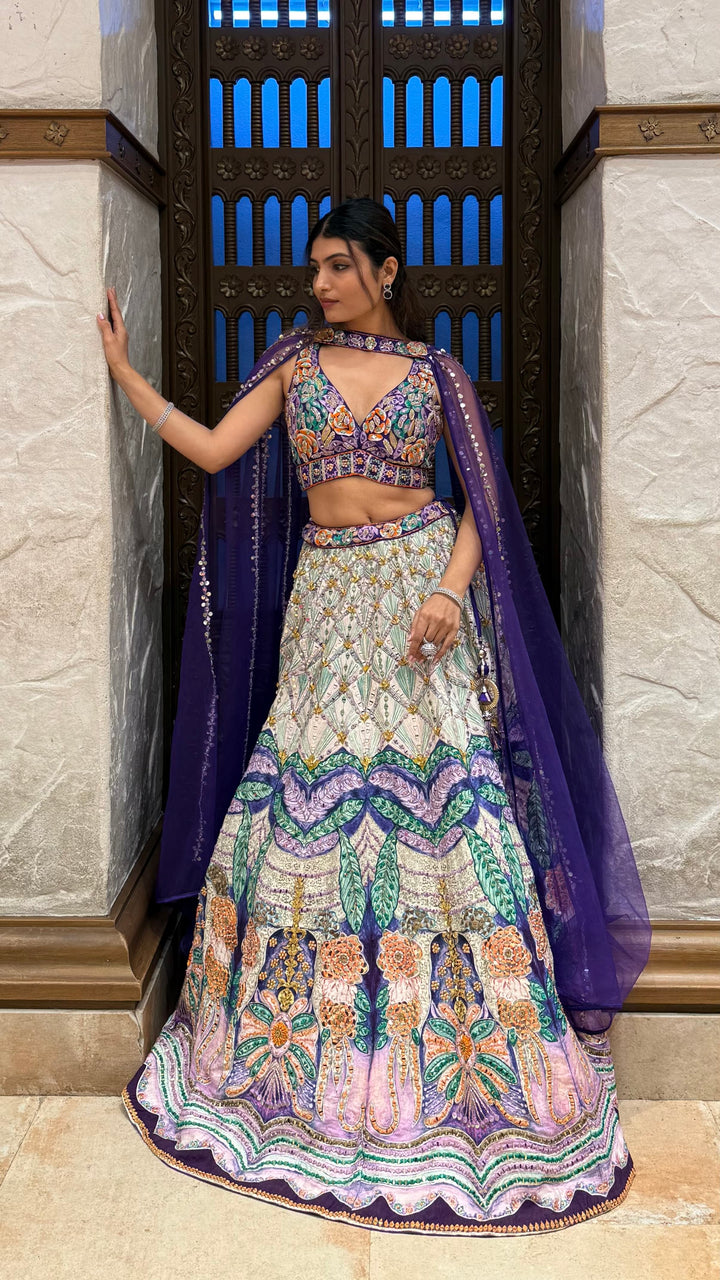 Royal Purple Multicolor Hand-Embroidered Lehenga Set with Cape Dupatta