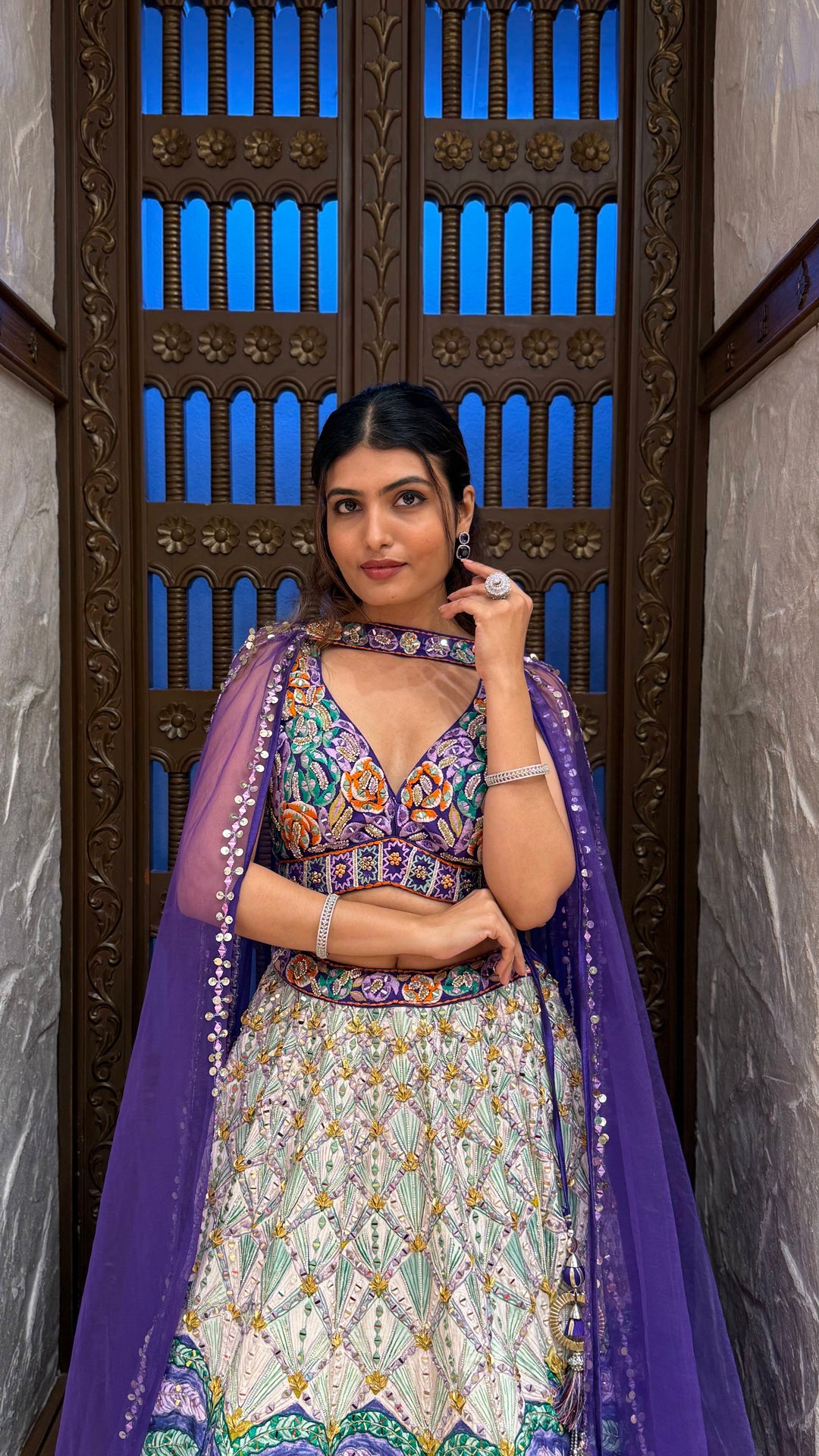 Royal Purple Multicolor Hand-Embroidered Lehenga Set with Cape Dupatta