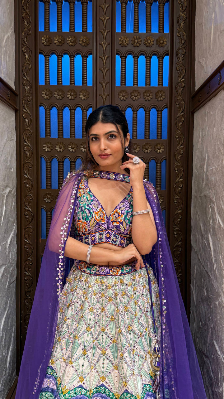 Royal Purple Multicolor Hand-Embroidered Lehenga Set with Cape Dupatta