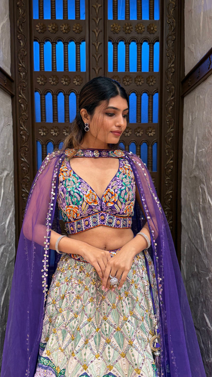 Royal Purple Multicolor Hand-Embroidered Lehenga Set with Cape Dupatta
