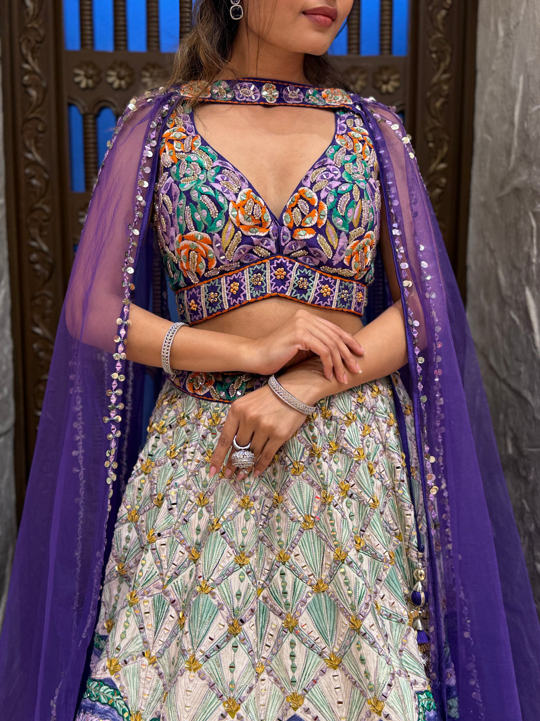 Royal Purple Multicolor Hand-Embroidered Lehenga Set with Cape Dupatta
