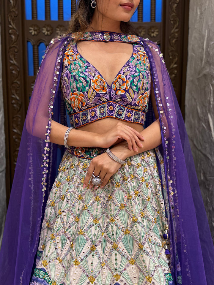 Royal Purple Multicolor Hand-Embroidered Lehenga Set with Cape Dupatta