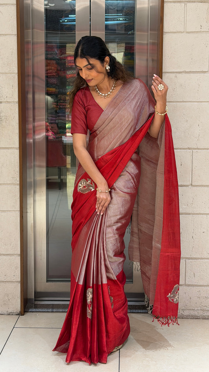 Dual Tone Rose Gold & Crimson Red Linen Silk Saree with Handcrafted Zari Motifs