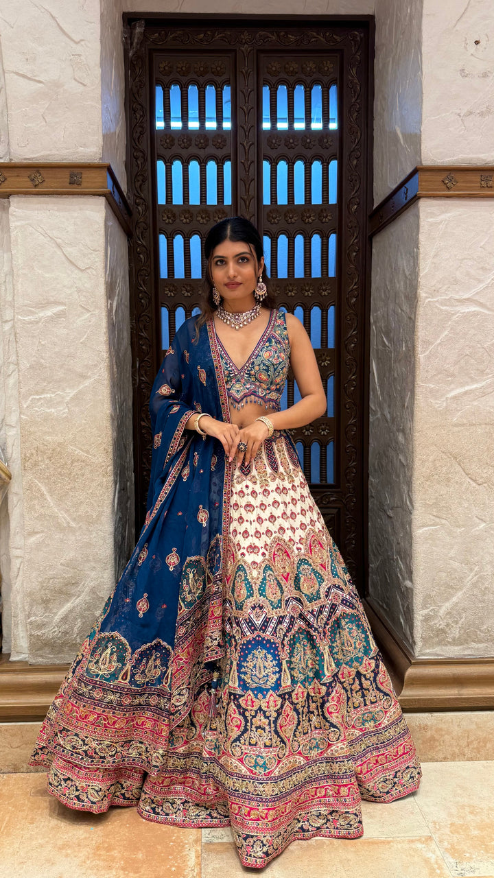 Navy Blue & Ivory Multicolor Heavy Embroidered Lehenga Set