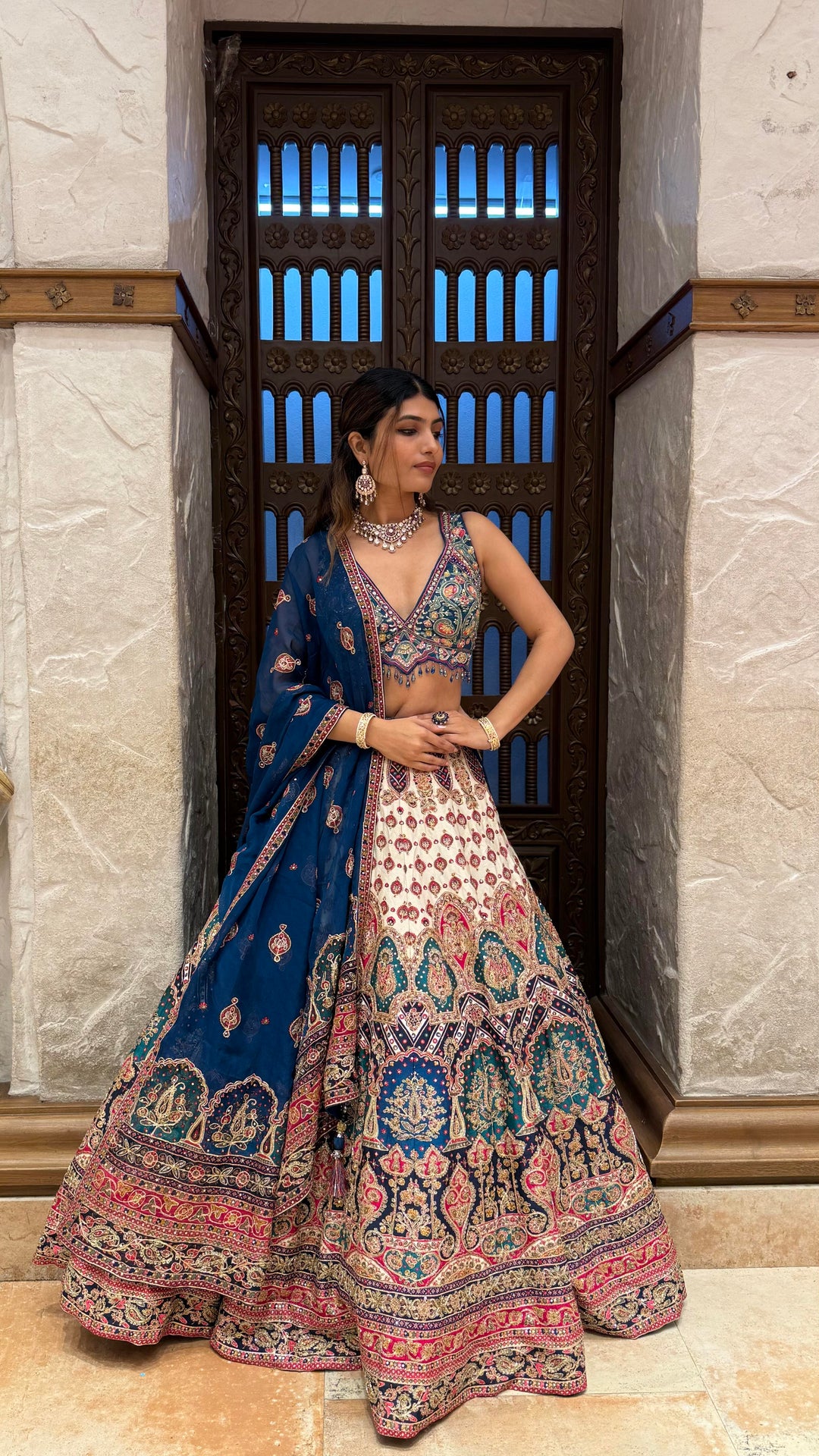 Navy Blue & Ivory Multicolor Heavy Embroidered Lehenga Set