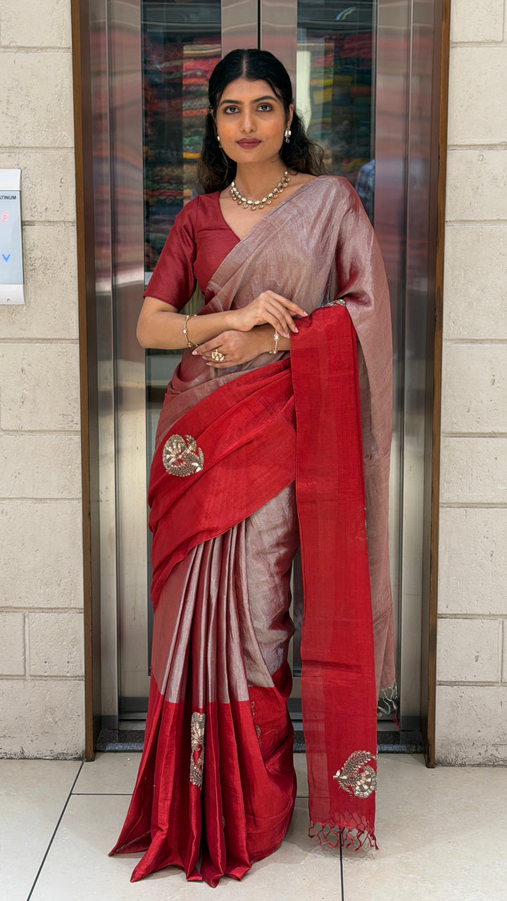 Dual Tone Rose Gold & Crimson Red Linen Silk Saree with Handcrafted Zari Motifs
