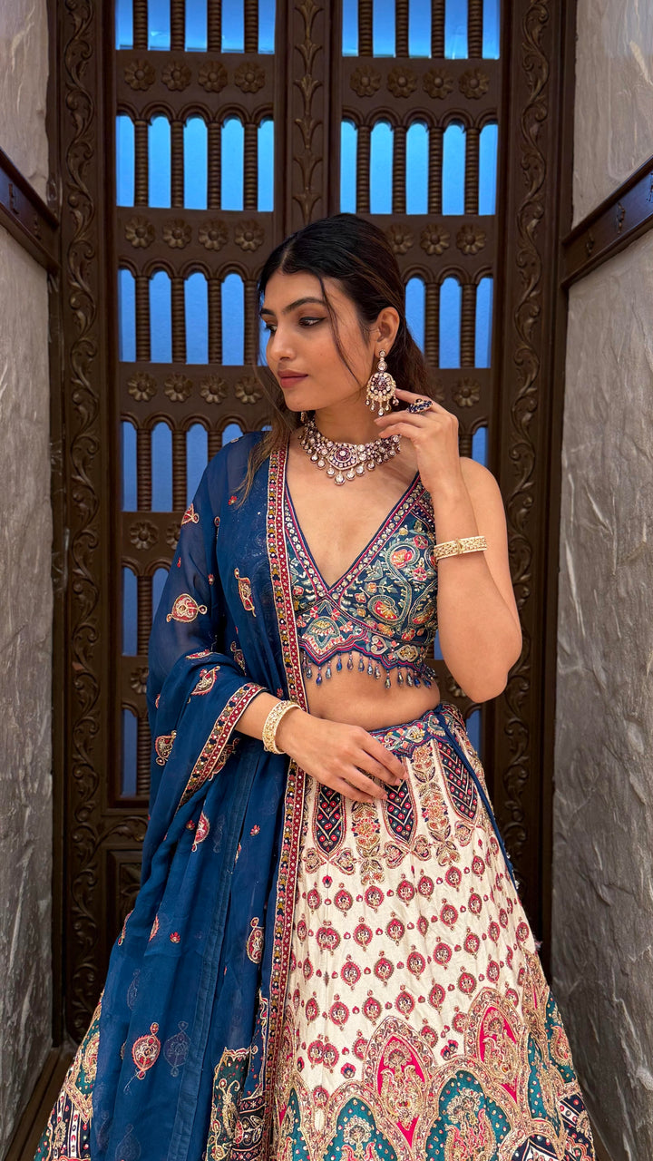 Navy Blue & Ivory Multicolor Heavy Embroidered Lehenga Set