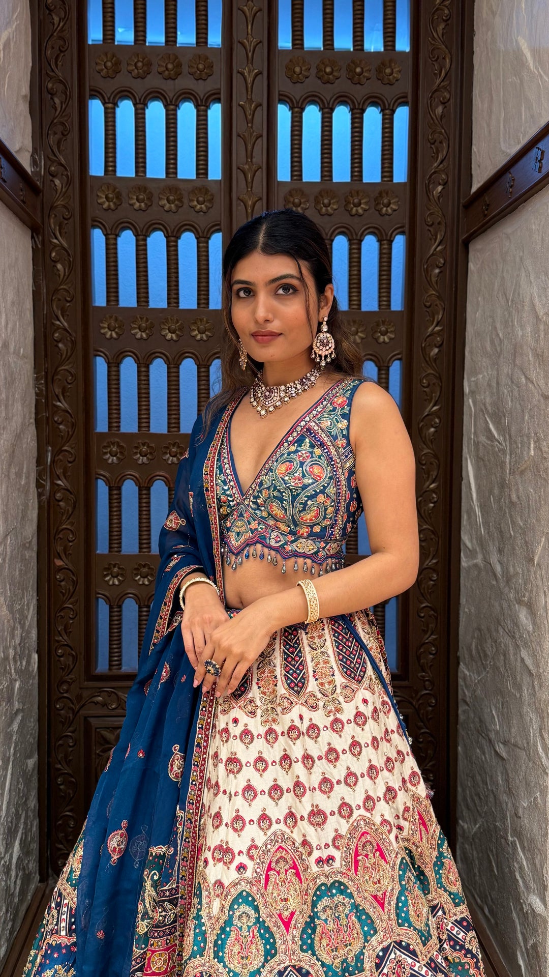 Navy Blue & Ivory Multicolor Heavy Embroidered Lehenga Set