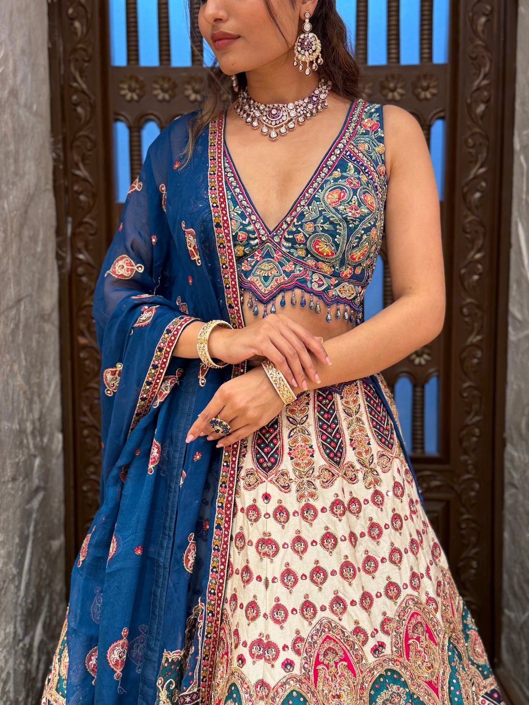 Navy Blue & Ivory Multicolor Heavy Embroidered Lehenga Set