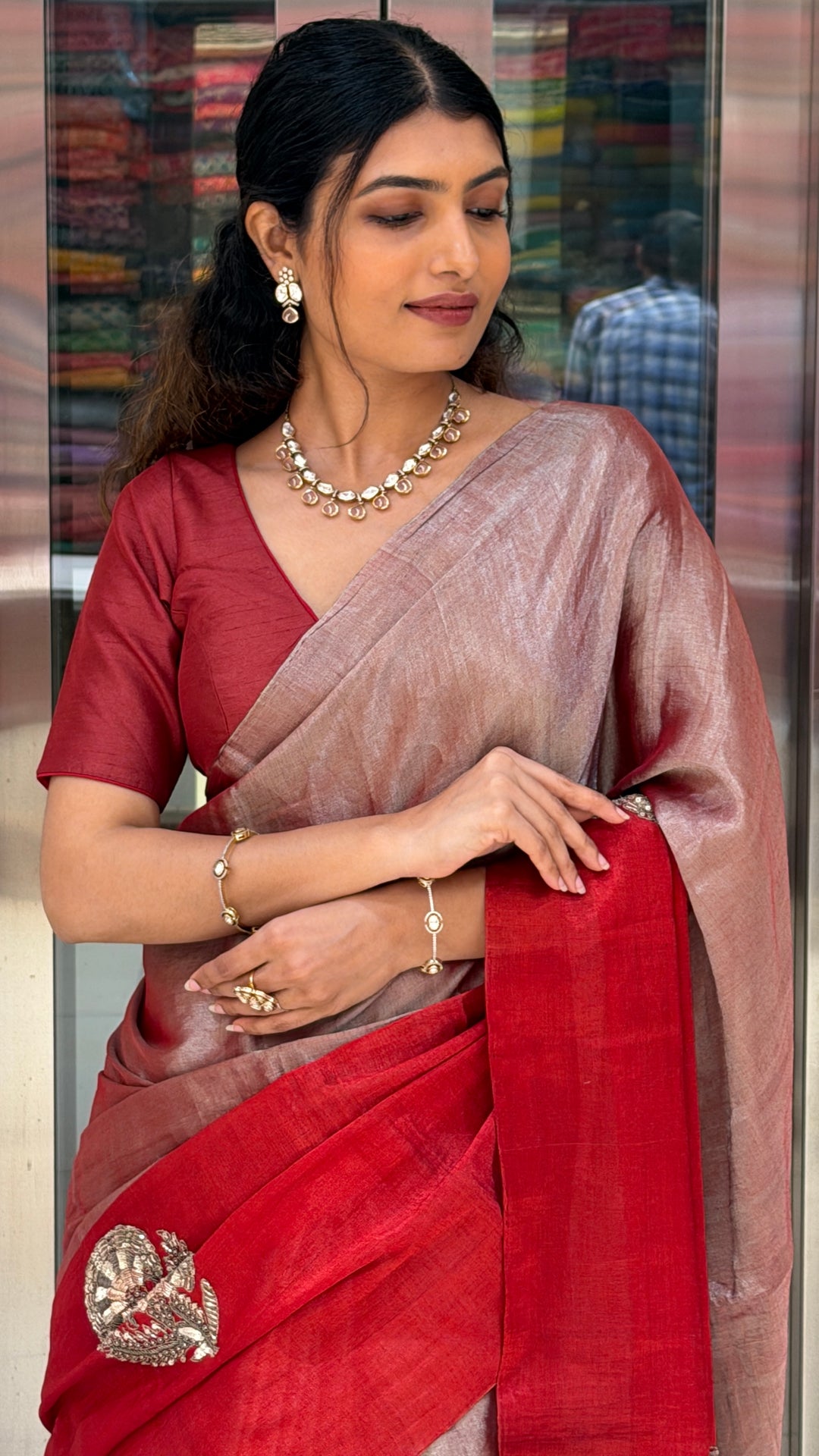 Dual Tone Rose Gold & Crimson Red Linen Silk Saree with Handcrafted Zari Motifs