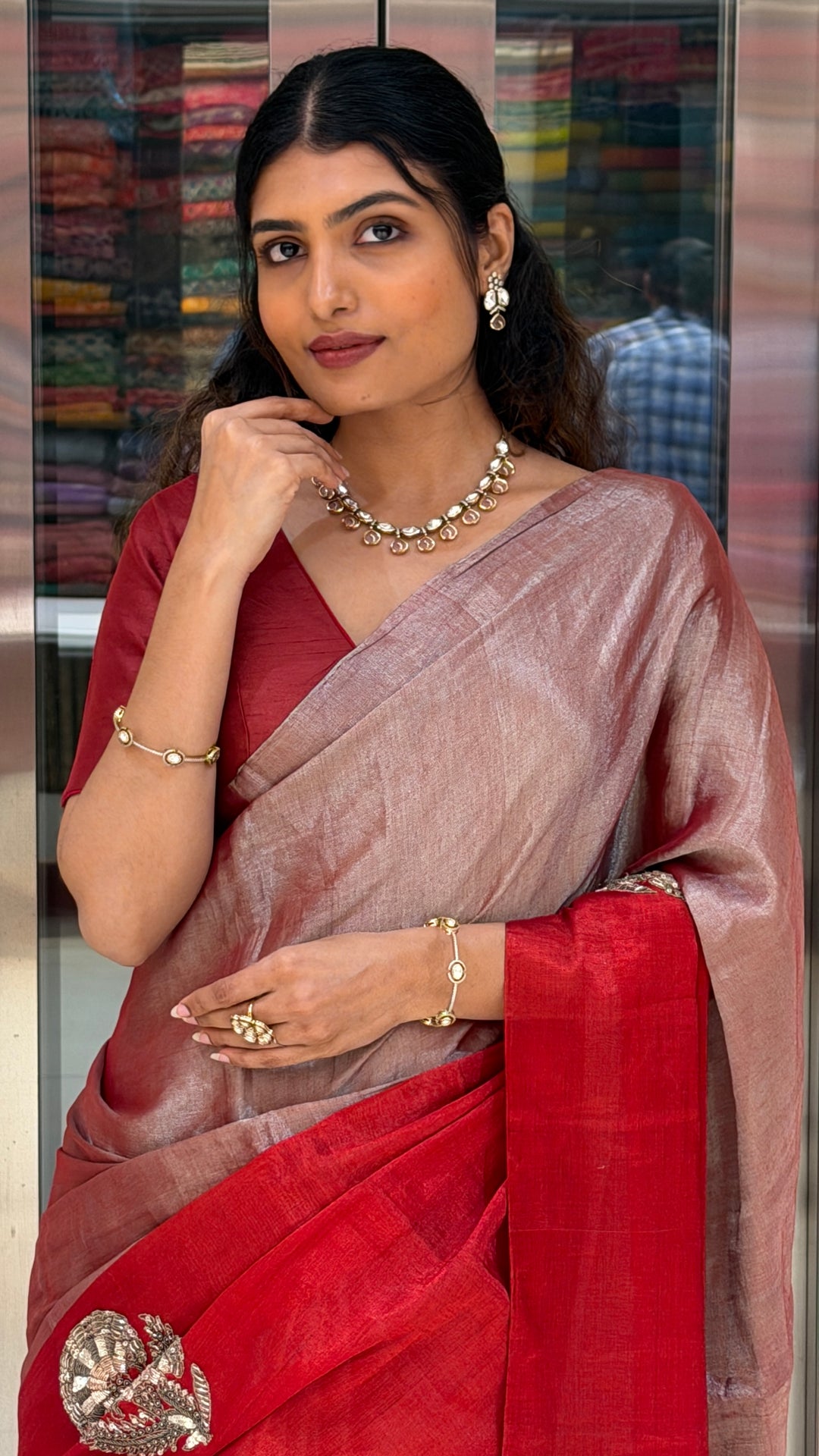 Dual Tone Rose Gold & Crimson Red Linen Silk Saree with Handcrafted Zari Motifs