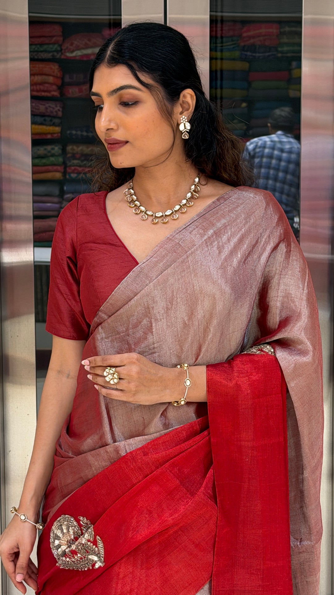 Dual Tone Rose Gold & Crimson Red Linen Silk Saree with Handcrafted Zari Motifs