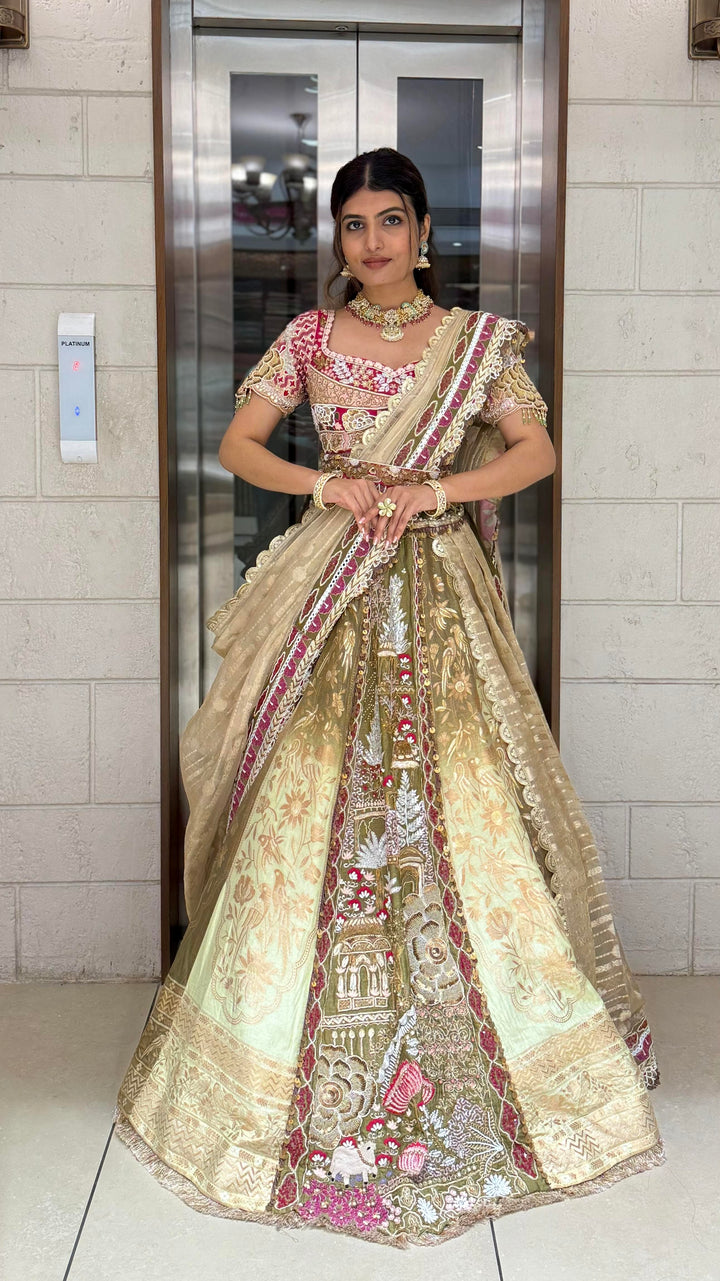 Golden Sage & Maroon Hand-Embroidered Bridal Lehenga Set