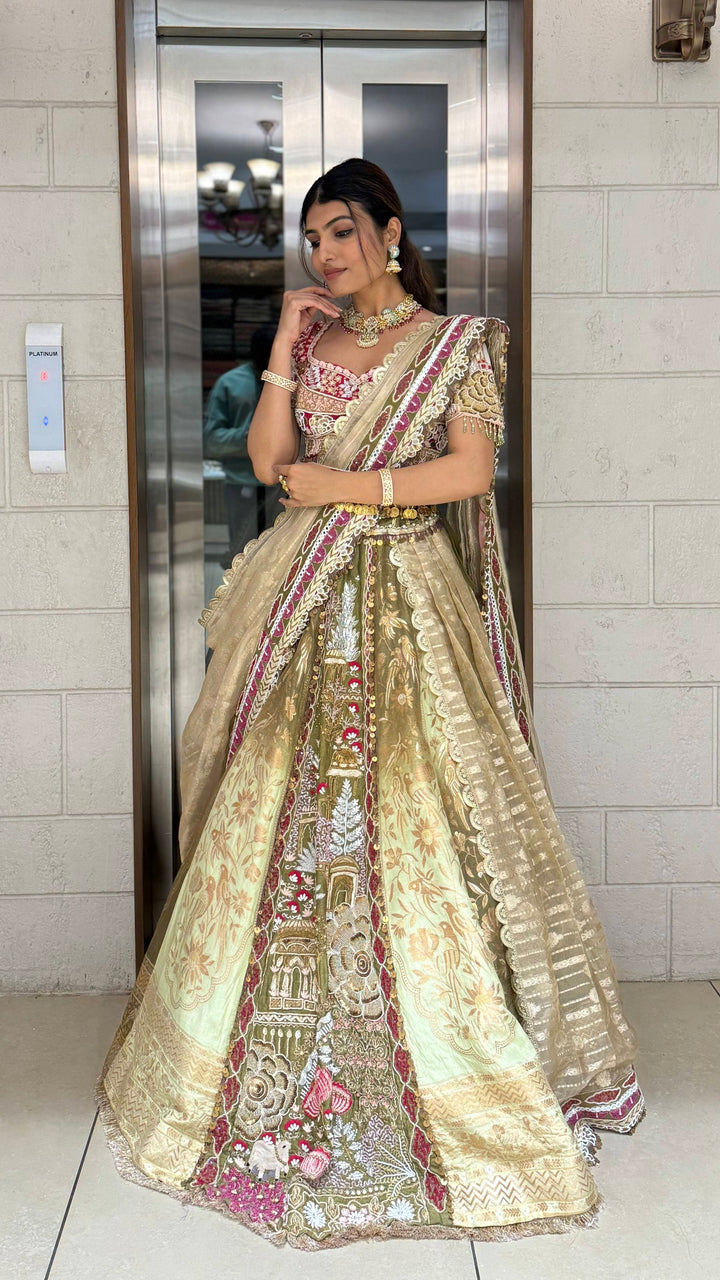 Golden Sage & Maroon Hand-Embroidered Bridal Lehenga Set