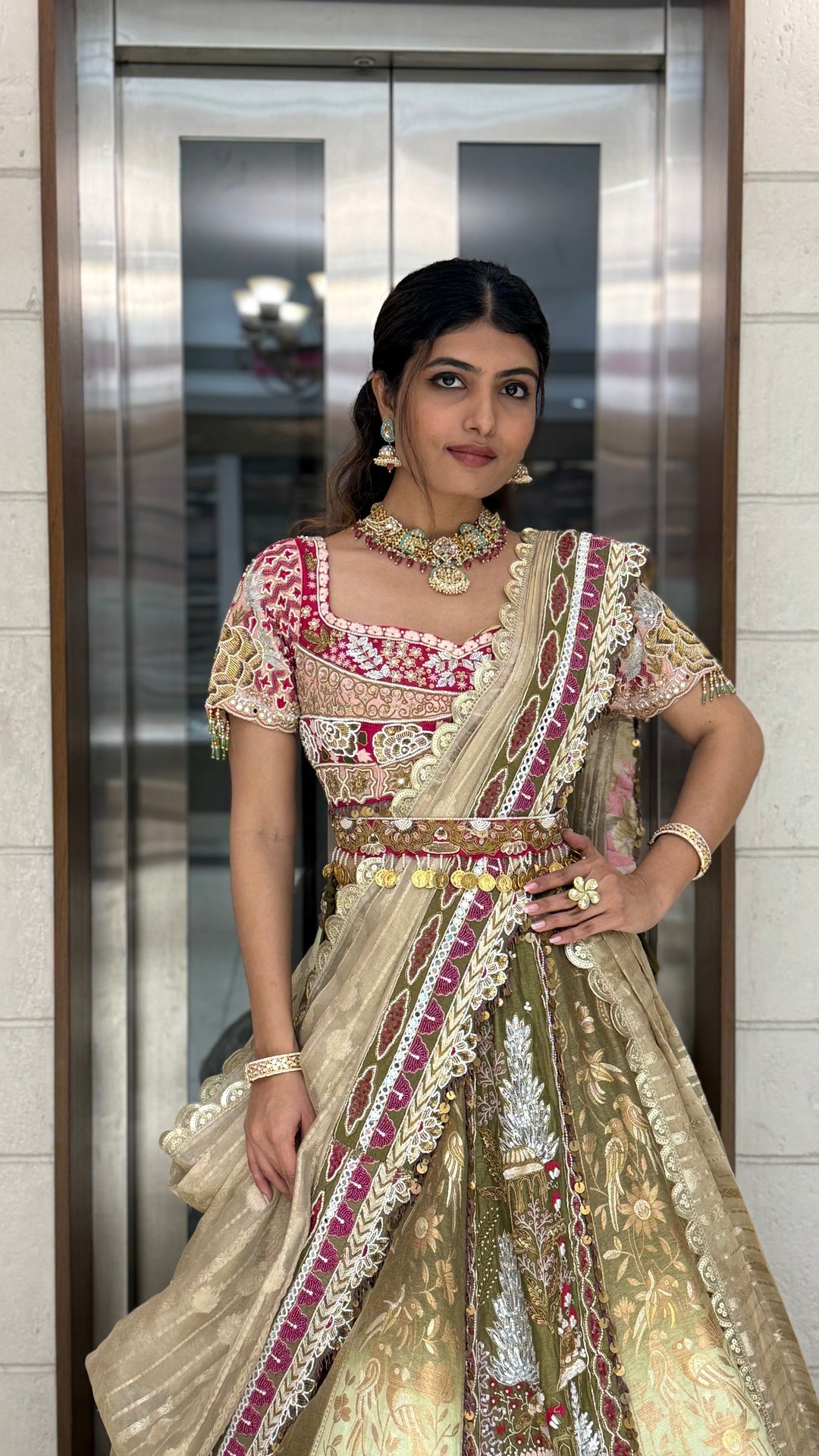 Golden Sage & Maroon Hand-Embroidered Bridal Lehenga Set