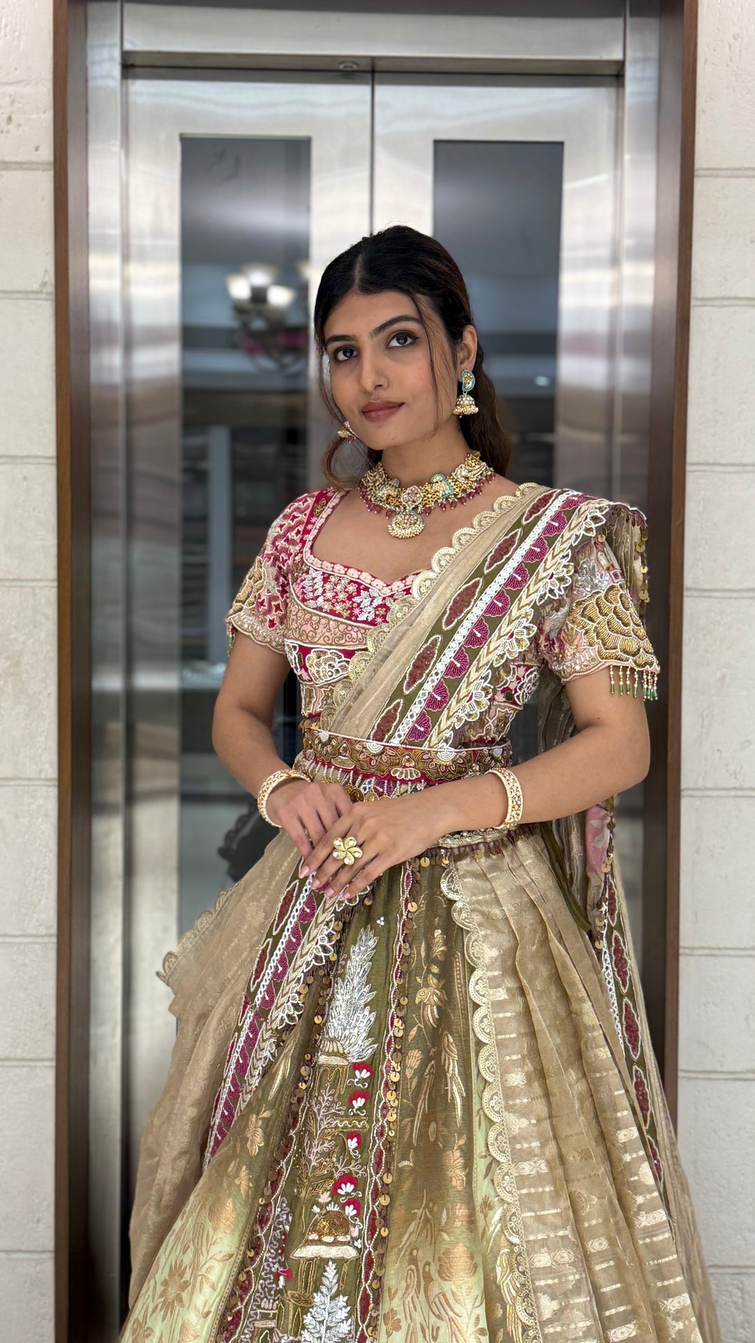 Golden Sage & Maroon Hand-Embroidered Bridal Lehenga Set