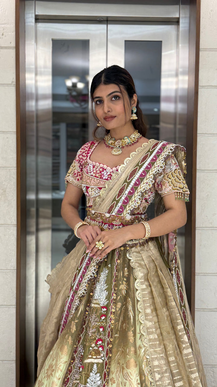Golden Sage & Maroon Hand-Embroidered Bridal Lehenga Set