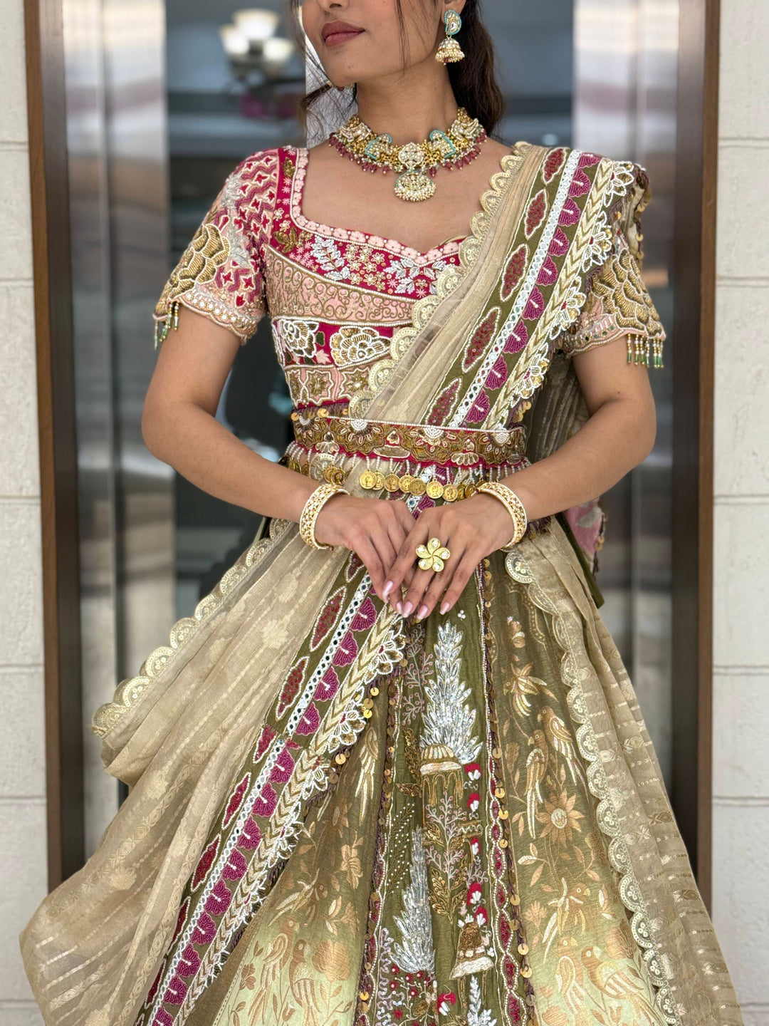 Golden Sage & Maroon Hand-Embroidered Bridal Lehenga Set