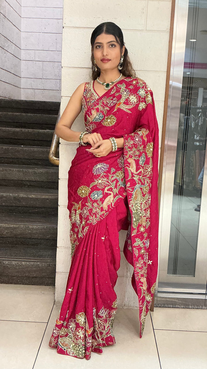 Wine Red Heavy Floral Embroidered Designer Saree with Zari & Sequin Work